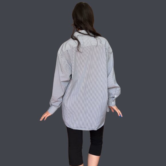 Crocodile 100% Cotton Striped Button-Up Shirt | Navy White Long Sleeve Classic F - Picture 3 of 3